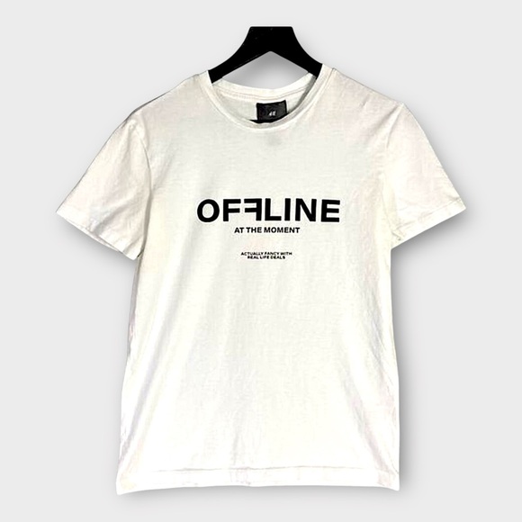 H&M Unisex XS White "OFFLINE" Graphic‎ T-Shirt Casual Short Sleeve - Picture 1 of 9